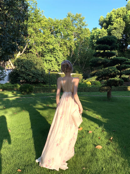 Wonderful Spaghetti Strap Everyday Wear Floral Print A-Line Maxi Dress Chic Backless Cinched-Waist Flowy Hem Long Dress AP3465