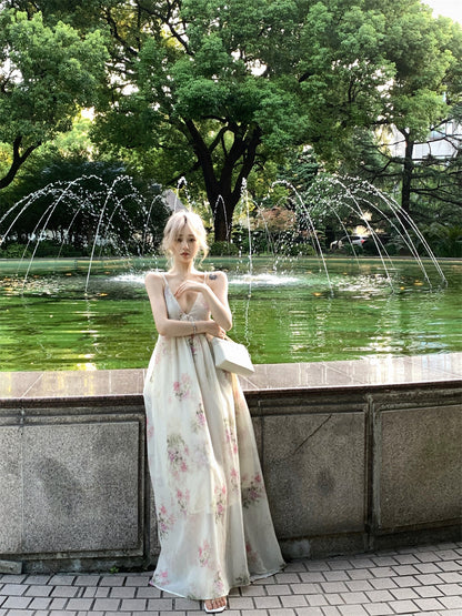 Wonderful Spaghetti Strap Everyday Wear Floral Print A-Line Maxi Dress Chic Backless Cinched-Waist Flowy Hem Long Dress AP3465