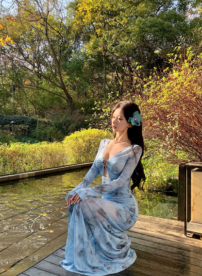 Superb V-Neck Long Bell-Sleeve Floral Print Maxi Dress Hottie Cutout Sheer Tulle Sheath Long Dress AP3466