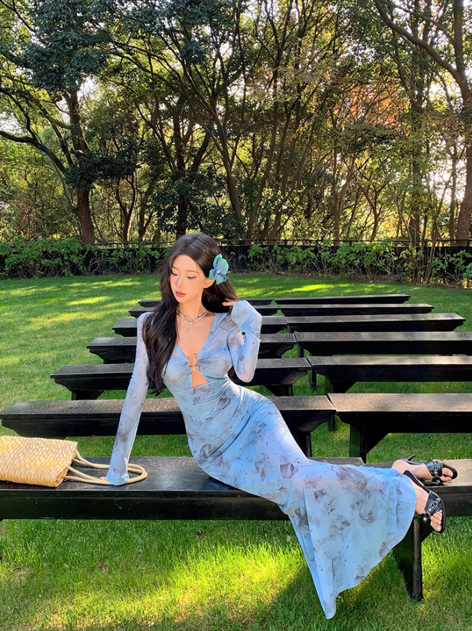 Superb V-Neck Long Bell-Sleeve Floral Print Maxi Dress Hottie Cutout Sheer Tulle Sheath Long Dress AP3466