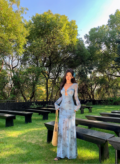 Superb V-Neck Long Bell-Sleeve Floral Print Maxi Dress Hottie Cutout Sheer Tulle Sheath Long Dress AP3466