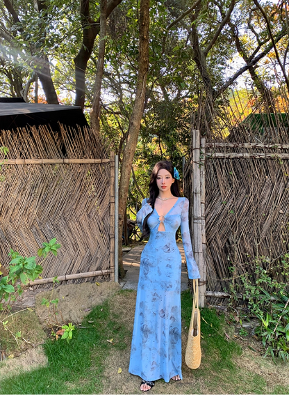 Superb V-Neck Long Bell-Sleeve Floral Print Maxi Dress Hottie Cutout Sheer Tulle Sheath Long Dress AP3466