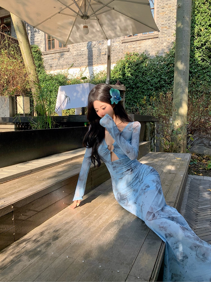 Superb V-Neck Long Bell-Sleeve Floral Print Maxi Dress Hottie Cutout Sheer Tulle Sheath Long Dress AP3466