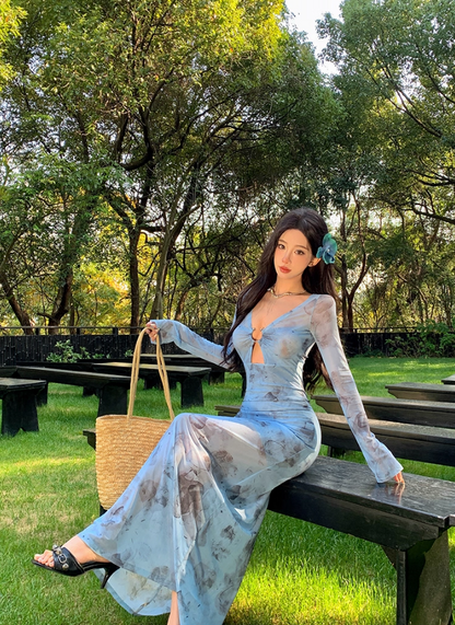 Superb V-Neck Long Bell-Sleeve Floral Print Maxi Dress Hottie Cutout Sheer Tulle Sheath Long Dress AP3466