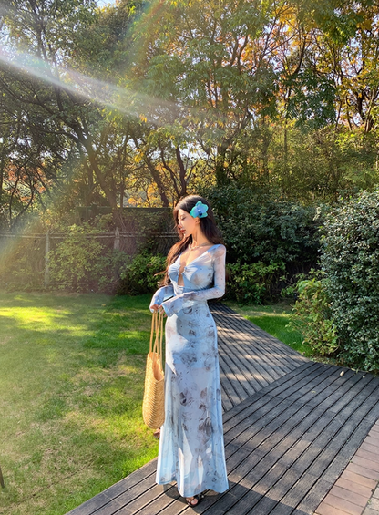 Superb V-Neck Long Bell-Sleeve Floral Print Maxi Dress Hottie Cutout Sheer Tulle Sheath Long Dress AP3466