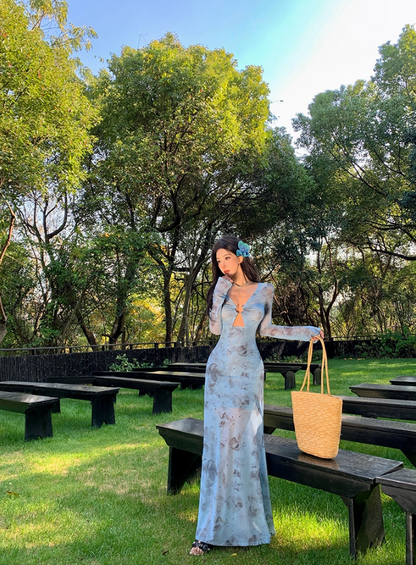 Superb V-Neck Long Bell-Sleeve Floral Print Maxi Dress Hottie Cutout Sheer Tulle Sheath Long Dress AP3466