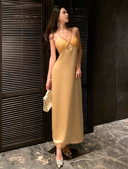 Enchanting Sheath Crystals Accent Evening Maxi Dress Chic Backless Pleated Cinched-Waist Halter Long Dress AP3467