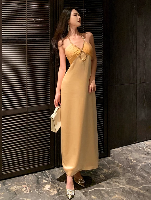 Enchanting Sheath Crystals Accent Evening Maxi Dress Chic Backless Pleated Cinched-Waist Halter Long Dress AP3467