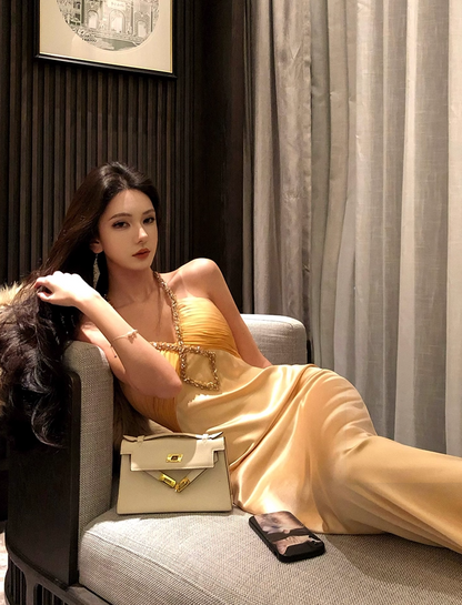 Enchanting Sheath Crystals Accent Evening Maxi Dress Chic Backless Pleated Cinched-Waist Halter Long Dress AP3467