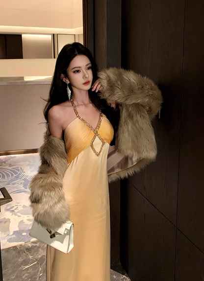 Enchanting Sheath Crystals Accent Evening Maxi Dress Chic Backless Pleated Cinched-Waist Halter Long Dress AP3467