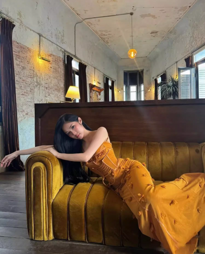 Beautiful Spaghetti Strap Lace-Up Mermaid Maxi Dress Vibrant 3D Floral Ruffles Trimmed Long Dress AP3468