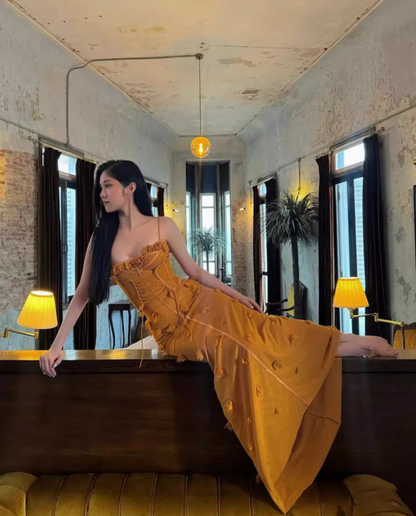 Beautiful Spaghetti Strap Lace-Up Mermaid Maxi Dress Vibrant 3D Floral Ruffles Trimmed Long Dress AP3468