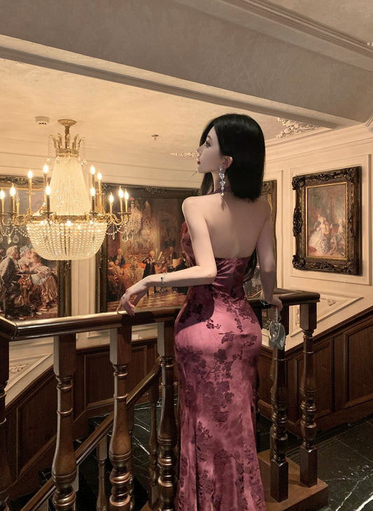 Refined Backless Mermaid Lace Trimmed Evening Maxi Dress Vintage Jacquard Cinched-Waist Halter Long Dress AP3469