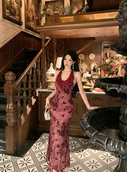 Refined Backless Mermaid Lace Trimmed Evening Maxi Dress Vintage Jacquard Cinched-Waist Halter Long Dress AP3469