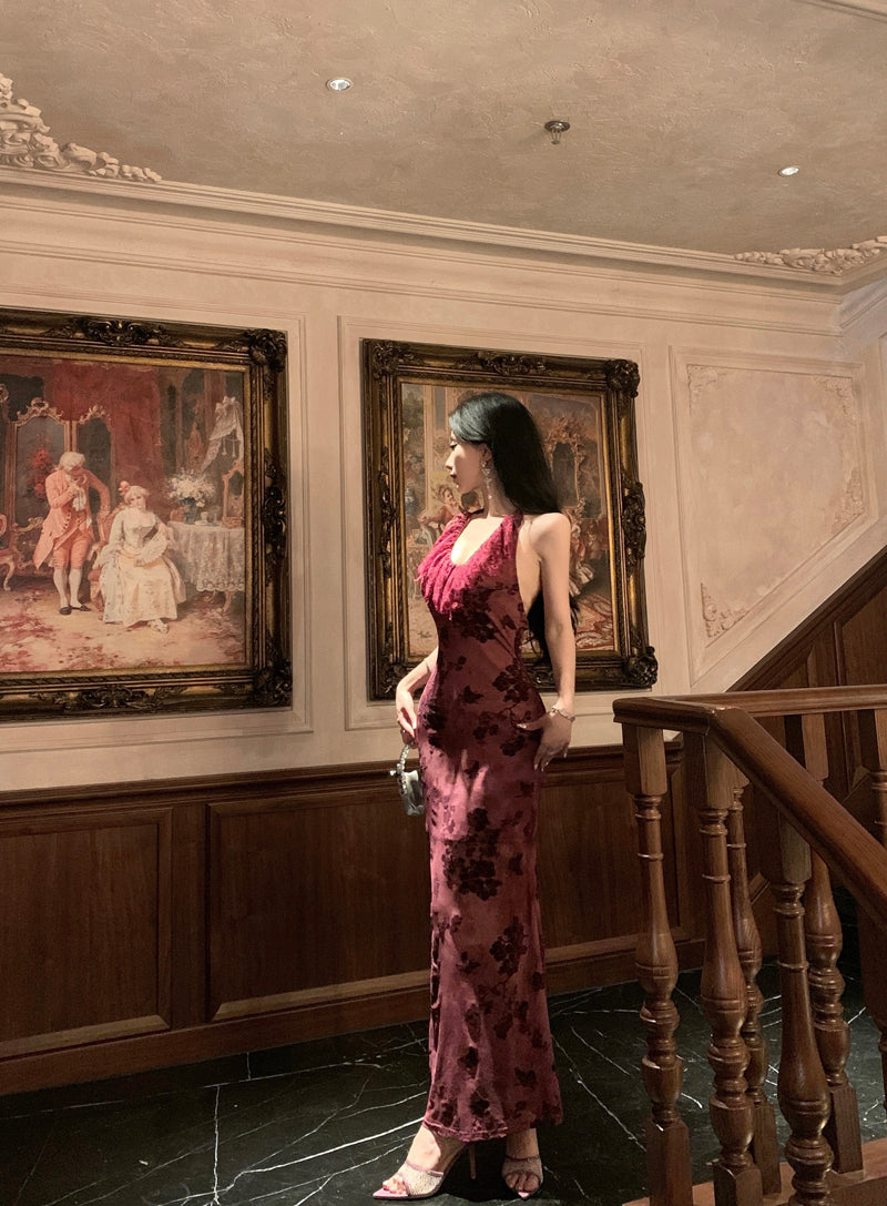 Refined Backless Mermaid Lace Trimmed Evening Maxi Dress Vintage Jacquard Cinched-Waist Halter Long Dress AP3469