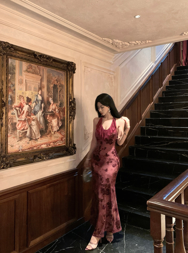 Refined Backless Mermaid Lace Trimmed Evening Maxi Dress Vintage Jacquard Cinched-Waist Halter Long Dress AP3469