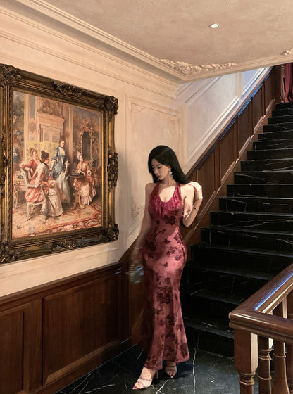 Refined Backless Mermaid Lace Trimmed Evening Maxi Dress Vintage Jacquard Cinched-Waist Halter Long Dress AP3469