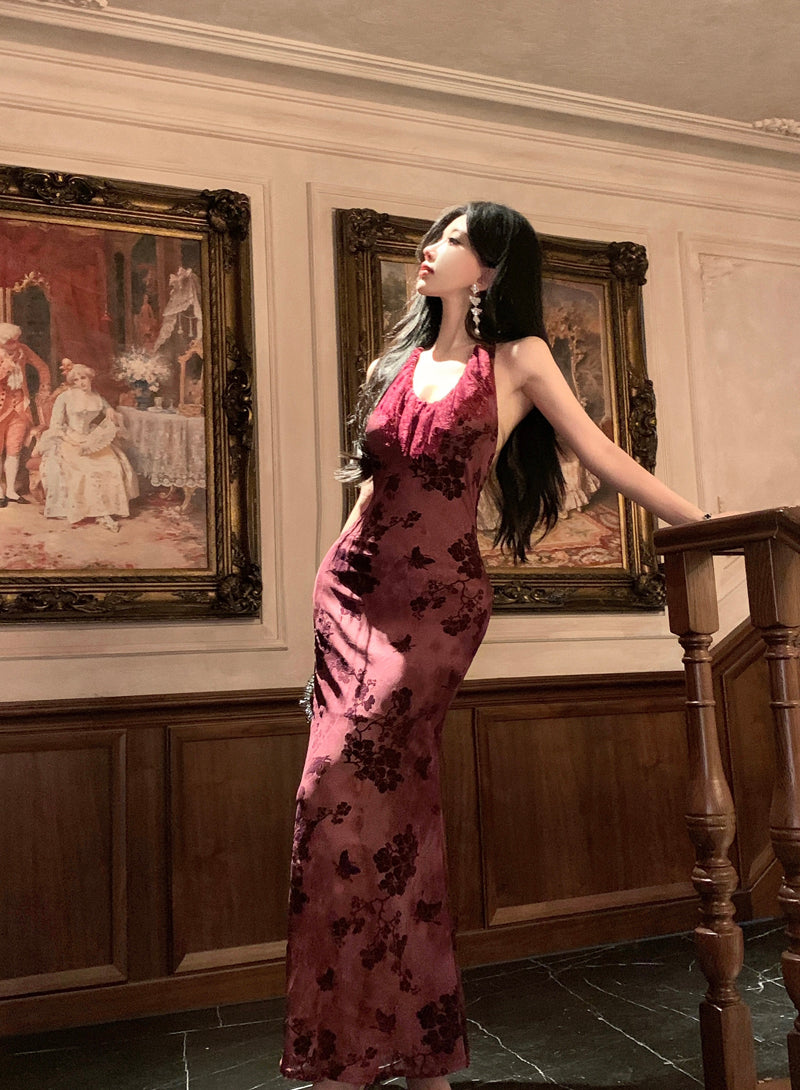 Refined Backless Mermaid Lace Trimmed Evening Maxi Dress Vintage Jacquard Cinched-Waist Halter Long Dress AP3469