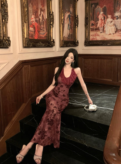 Refined Backless Mermaid Lace Trimmed Evening Maxi Dress Vintage Jacquard Cinched-Waist Halter Long Dress AP3469