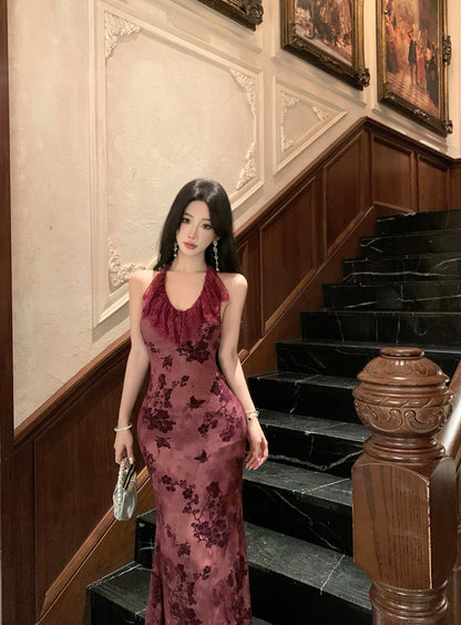 Refined Backless Mermaid Lace Trimmed Evening Maxi Dress Vintage Jacquard Cinched-Waist Halter Long Dress AP3469