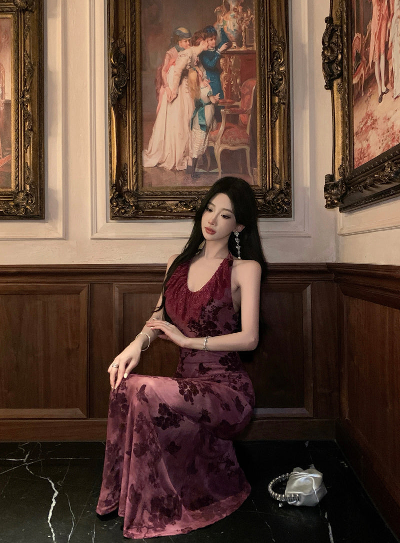 Refined Backless Mermaid Lace Trimmed Evening Maxi Dress Vintage Jacquard Cinched-Waist Halter Long Dress AP3469