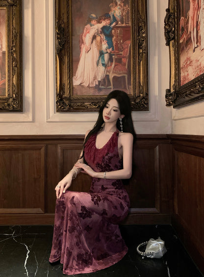 Refined Backless Mermaid Lace Trimmed Evening Maxi Dress Vintage Jacquard Cinched-Waist Halter Long Dress AP3469