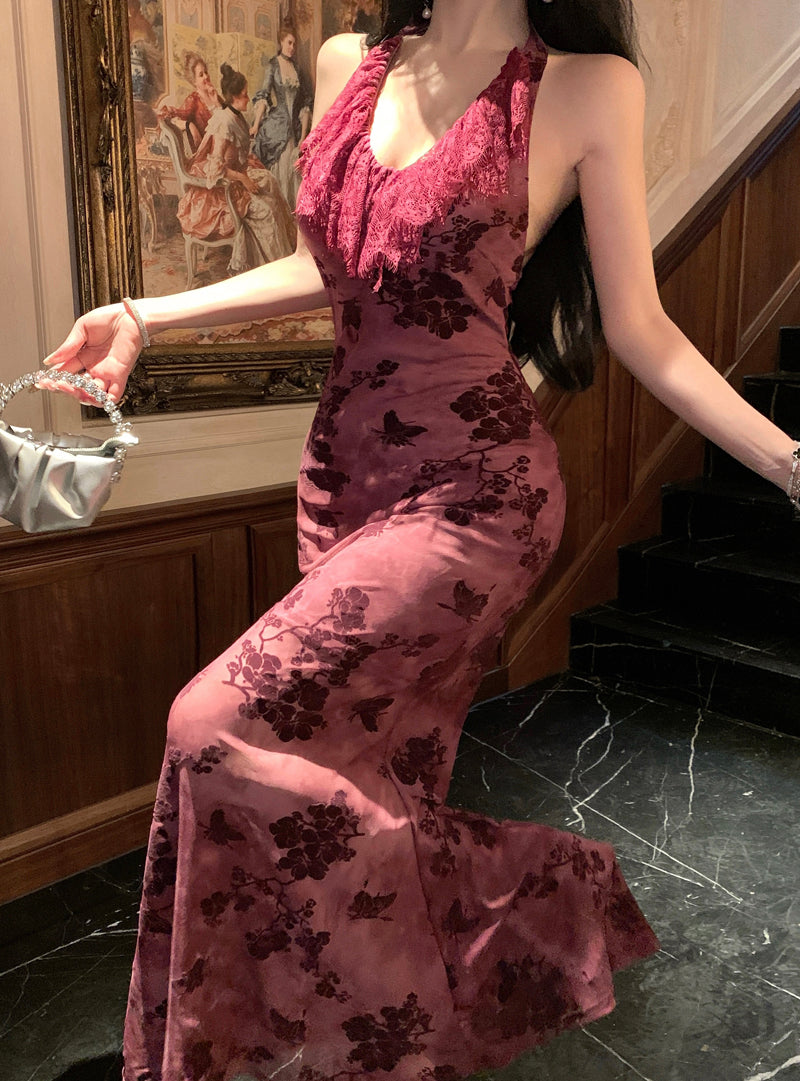 Refined Backless Mermaid Lace Trimmed Evening Maxi Dress Vintage Jacquard Cinched-Waist Halter Long Dress AP3469