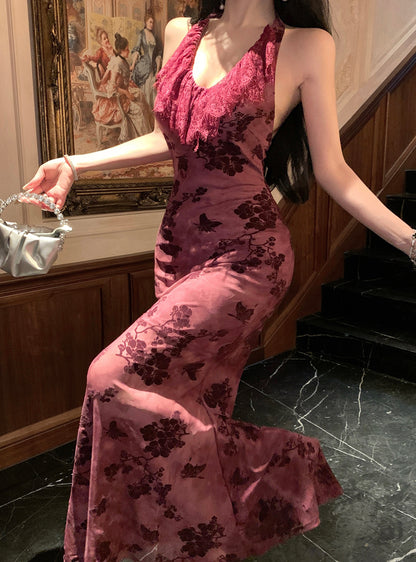 Refined Backless Mermaid Lace Trimmed Evening Maxi Dress Vintage Jacquard Cinched-Waist Halter Long Dress AP3469