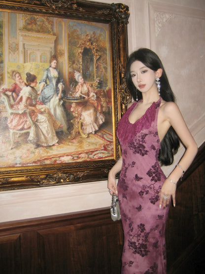 Refined Backless Mermaid Lace Trimmed Evening Maxi Dress Vintage Jacquard Cinched-Waist Halter Long Dress AP3469