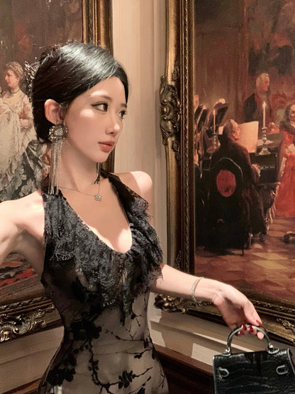 Lovely Lace Trimmed Jacquard Evening Maxi Dress Sexy Backless Mermaid Cinched-Waist Halter Long Dress AP3470