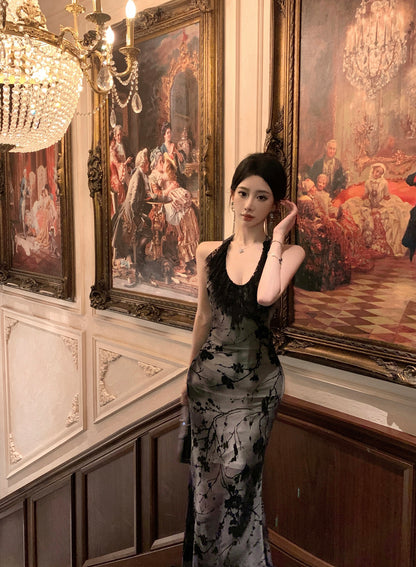 Lovely Lace Trimmed Jacquard Evening Maxi Dress Sexy Backless Mermaid Cinched-Waist Halter Long Dress AP3470