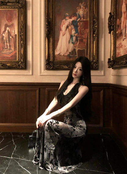 Lovely Lace Trimmed Jacquard Evening Maxi Dress Sexy Backless Mermaid Cinched-Waist Halter Long Dress AP3470