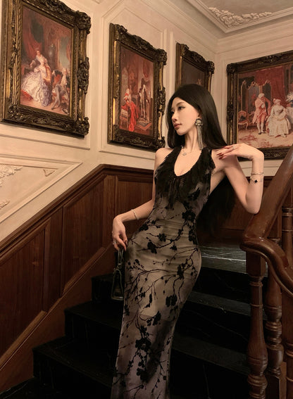 Lovely Lace Trimmed Jacquard Evening Maxi Dress Sexy Backless Mermaid Cinched-Waist Halter Long Dress AP3470