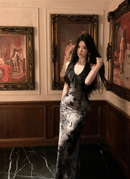 Lovely Lace Trimmed Jacquard Evening Maxi Dress Sexy Backless Mermaid Cinched-Waist Halter Long Dress AP3470