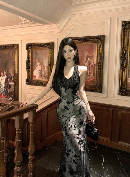 Lovely Lace Trimmed Jacquard Evening Maxi Dress Sexy Backless Mermaid Cinched-Waist Halter Long Dress AP3470