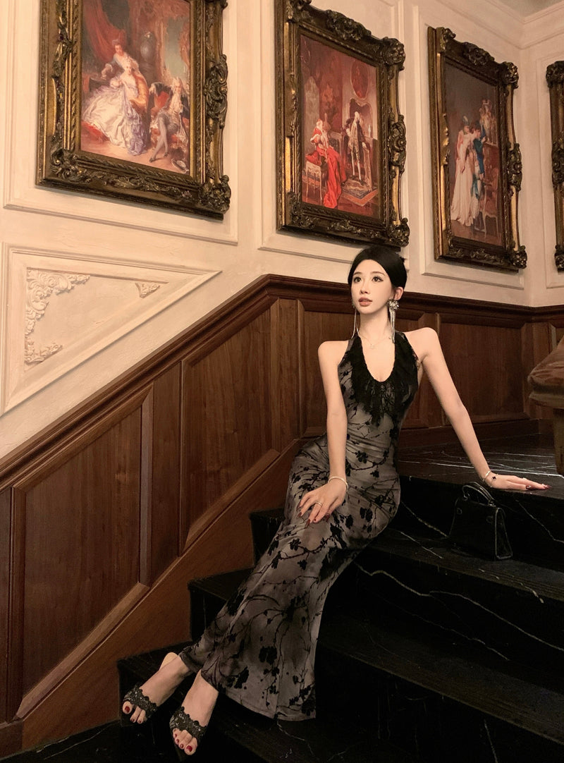 Lovely Lace Trimmed Jacquard Evening Maxi Dress Sexy Backless Mermaid Cinched-Waist Halter Long Dress AP3470