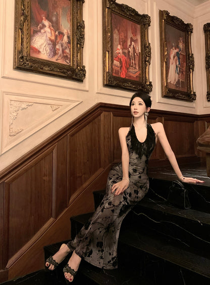 Lovely Lace Trimmed Jacquard Evening Maxi Dress Sexy Backless Mermaid Cinched-Waist Halter Long Dress AP3470