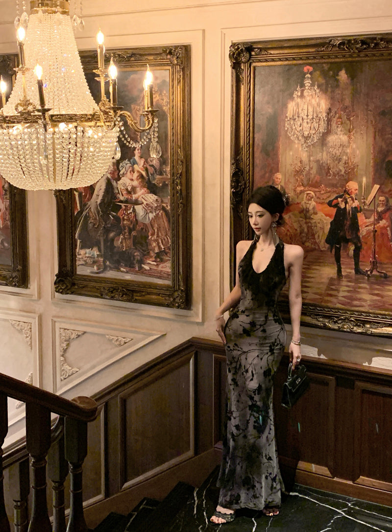 Lovely Lace Trimmed Jacquard Evening Maxi Dress Sexy Backless Mermaid Cinched-Waist Halter Long Dress AP3470