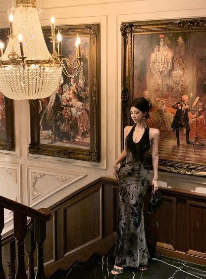 Lovely Lace Trimmed Jacquard Evening Maxi Dress Sexy Backless Mermaid Cinched-Waist Halter Long Dress AP3470