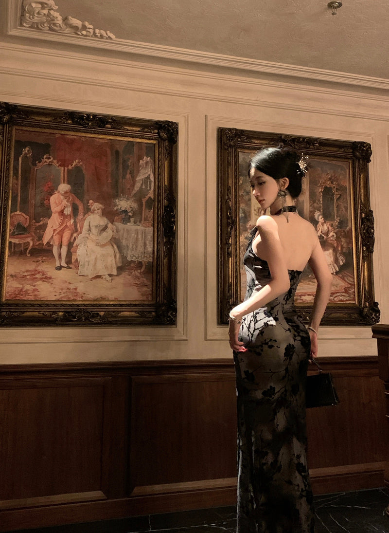 Lovely Lace Trimmed Jacquard Evening Maxi Dress Sexy Backless Mermaid Cinched-Waist Halter Long Dress AP3470