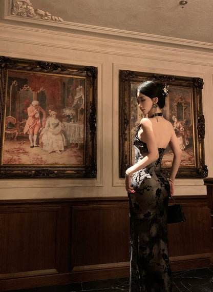 Lovely Lace Trimmed Jacquard Evening Maxi Dress Sexy Backless Mermaid Cinched-Waist Halter Long Dress AP3470