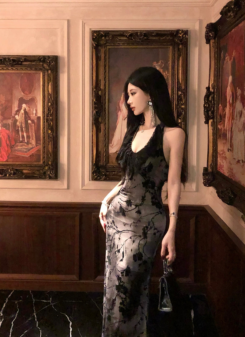 Lovely Lace Trimmed Jacquard Evening Maxi Dress Sexy Backless Mermaid Cinched-Waist Halter Long Dress AP3470