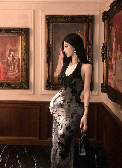 Lovely Lace Trimmed Jacquard Evening Maxi Dress Sexy Backless Mermaid Cinched-Waist Halter Long Dress AP3470