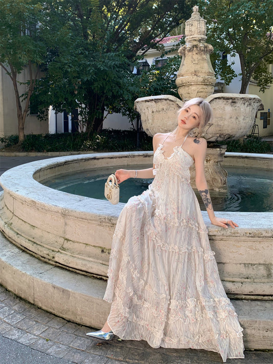 Everyday Wear A-Line Floral Print Maxi Dress Graceful Backless City Walk Outfit Flowy Ruffles Hem Halter Long Dress AP3471