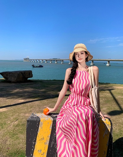 Boho-Inspired A-Line Cinched-Waist Maxi Dress Sweet Cutout Backless Stripes Print Halter Long Dress AP3472