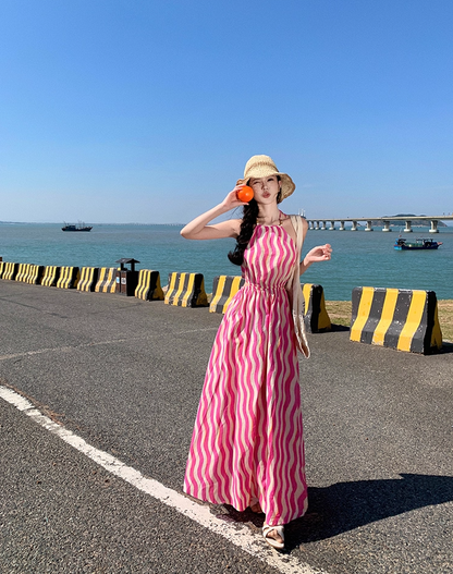 Boho-Inspired A-Line Cinched-Waist Maxi Dress Sweet Cutout Backless Stripes Print Halter Long Dress AP3472