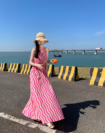 Boho-Inspired A-Line Cinched-Waist Maxi Dress Sweet Cutout Backless Stripes Print Halter Long Dress AP3472