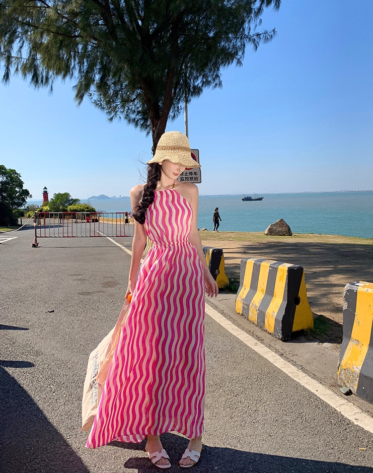 Boho-Inspired A-Line Cinched-Waist Maxi Dress Sweet Cutout Backless Stripes Print Halter Long Dress AP3472