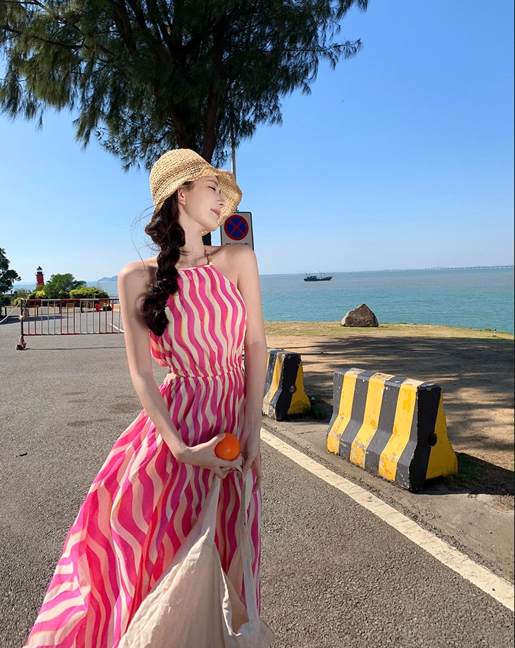 Boho-Inspired A-Line Cinched-Waist Maxi Dress Sweet Cutout Backless Stripes Print Halter Long Dress AP3472