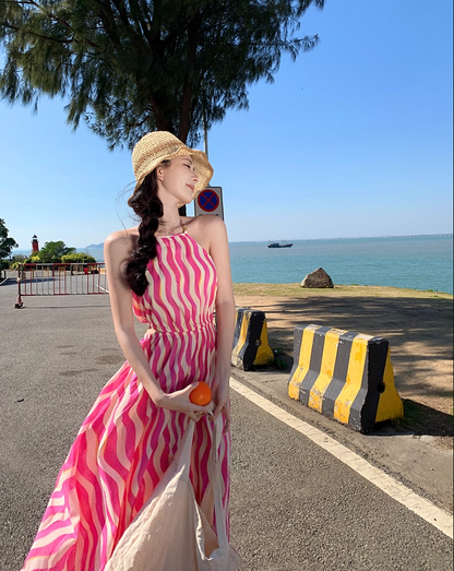 Boho-Inspired A-Line Cinched-Waist Maxi Dress Sweet Cutout Backless Stripes Print Halter Long Dress AP3472